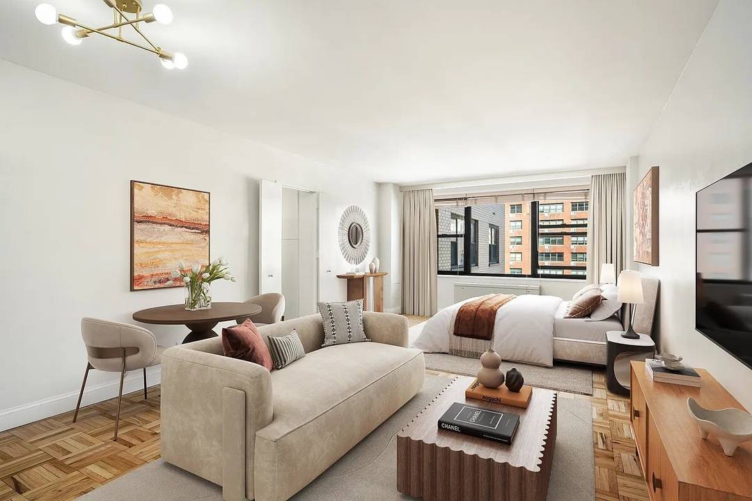 Fully renovated turnkey studio featuring a large living area over 20 feet long, with an accommodating layout easily organized for living, sleeping and dining along with a large closet.