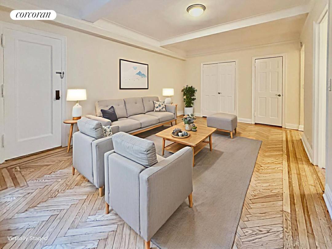 Luxury pre war studio with herringbone floors, high beamed ceilings, four extra large closets, granite and stainless steel kitchen, and subway tiled windowed bathroom.