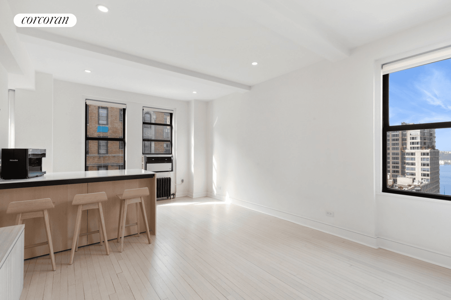 TURNKEY MOVE RIGHT IN ! Rarely available fully renovated high floor corner studio in prime Lincoln Square with great views of the city and Hudson River !