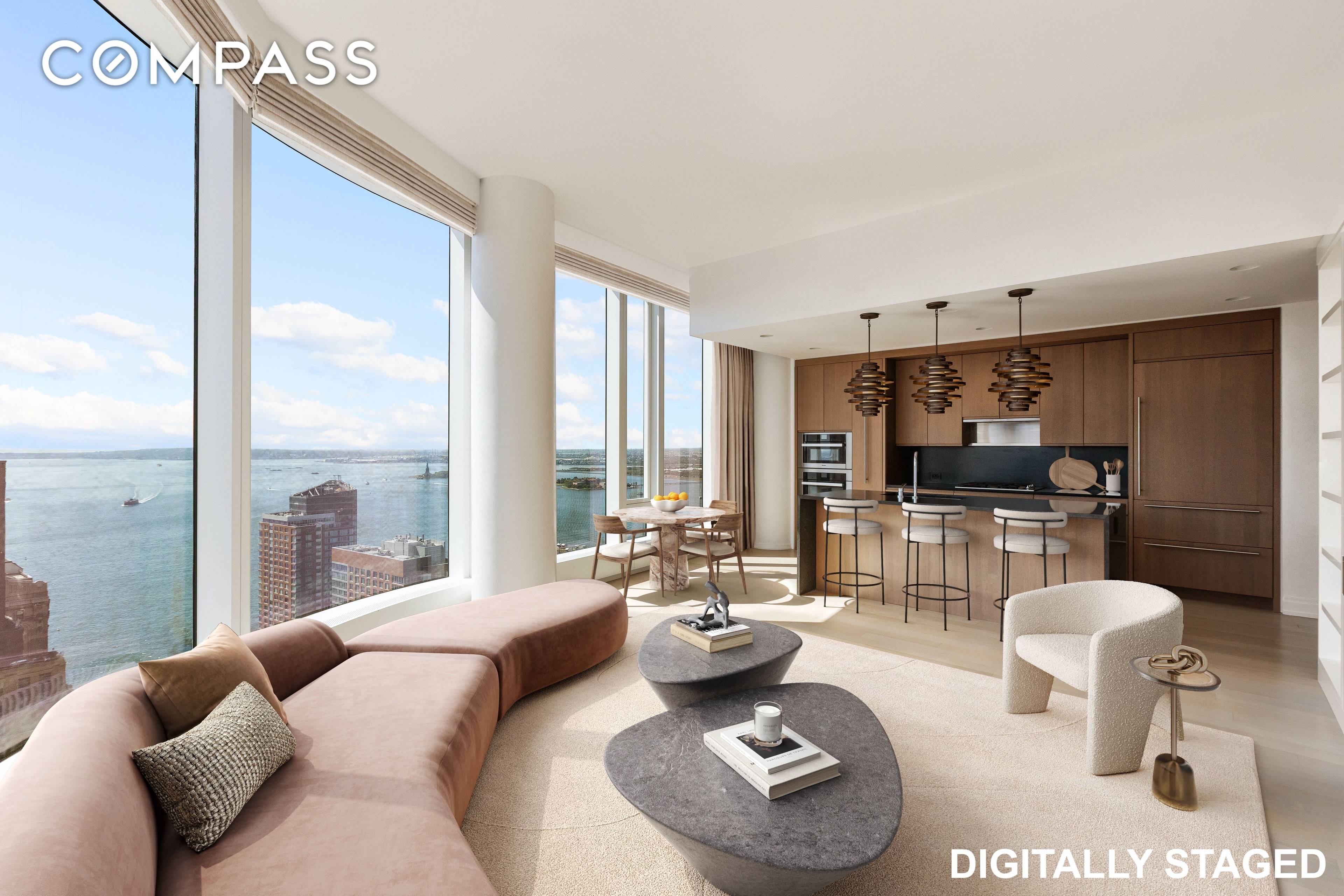 Majestic water views unfold at your feet in this unparalleled two bedroom, two and a half bathroom showplace perched high on the 45th floor at 50 West, an exemplary full ...