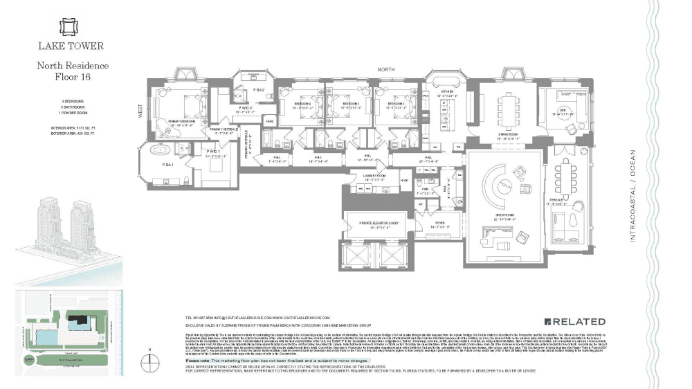 Lake 16 North at South Flagler House is a half floor waterfront facing residence with 4 BR, 5.