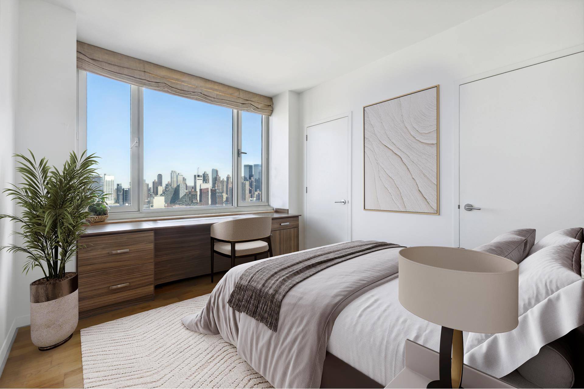 Welcome to this modern north facing two bedroom, two bathroom residence at The Atelier, offering panoramic views of the Hudson River and Billionaires Row.