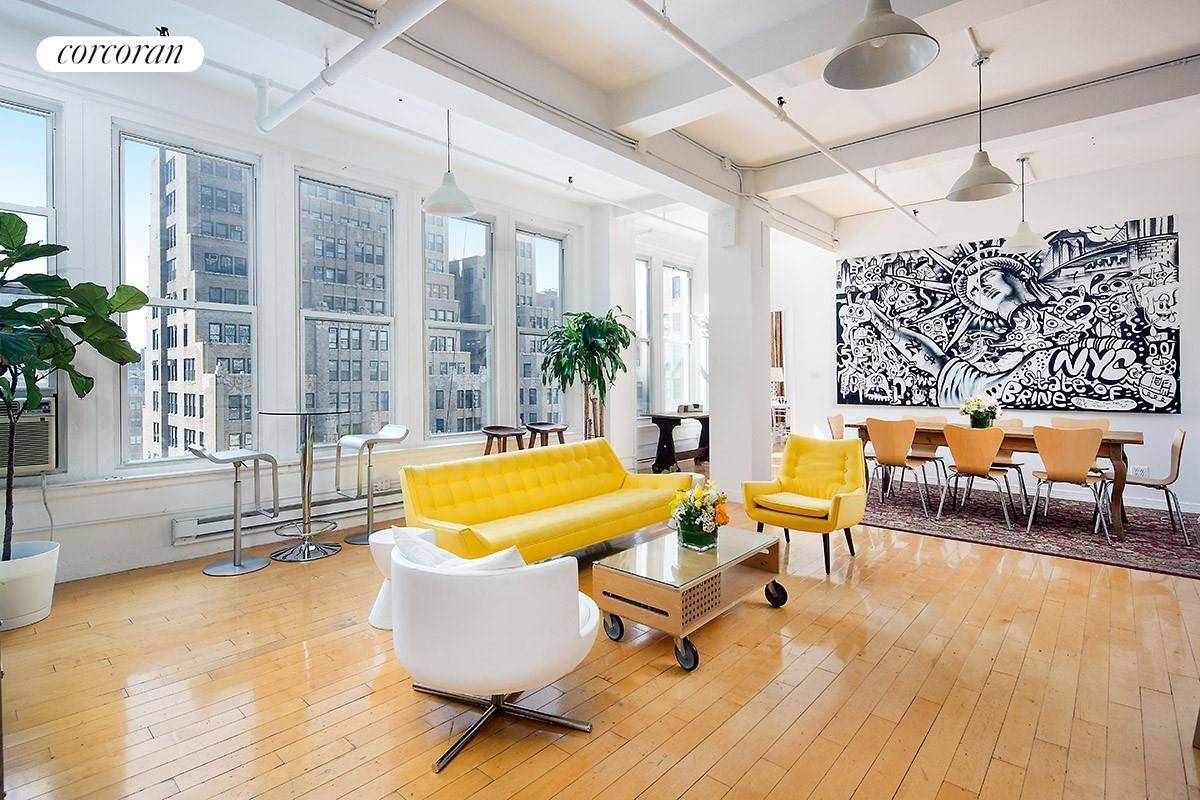 This massive Chelsea Live Work Loft, is on the 10th floor with south facing views of downtown, high ceilings and gets tons of natural light.