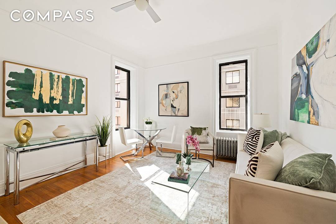 This Upper West Side pre war one bedroom home features 10 5 ceilings, hardwood floors, east south exposures and is super quiet.