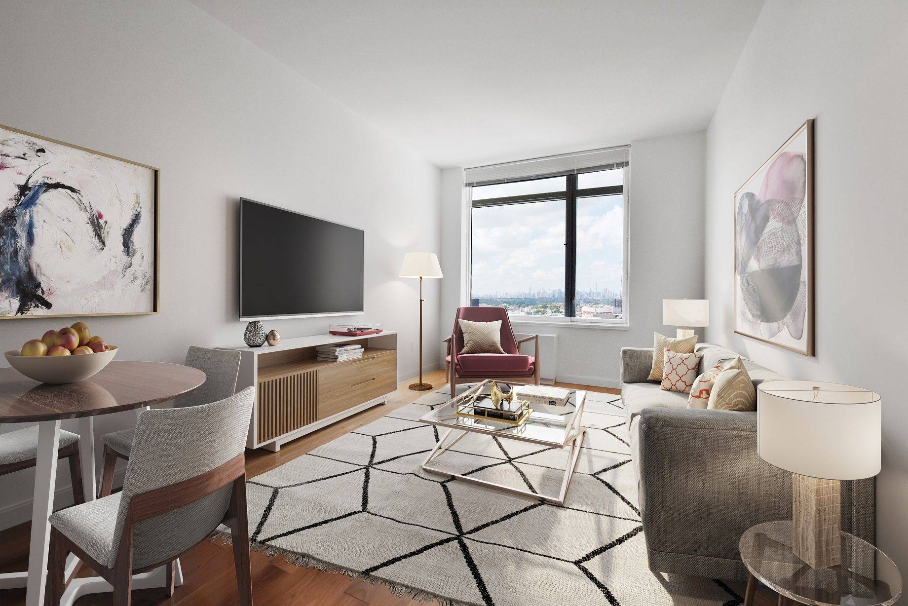 Incredible 1 bedroom with over sized windows showcasing NYC skyline views, a gourmet kitchen featuring stainless steel appliances, Caesarstone quartz countertops, eating bar, and an in unit washer dryer.