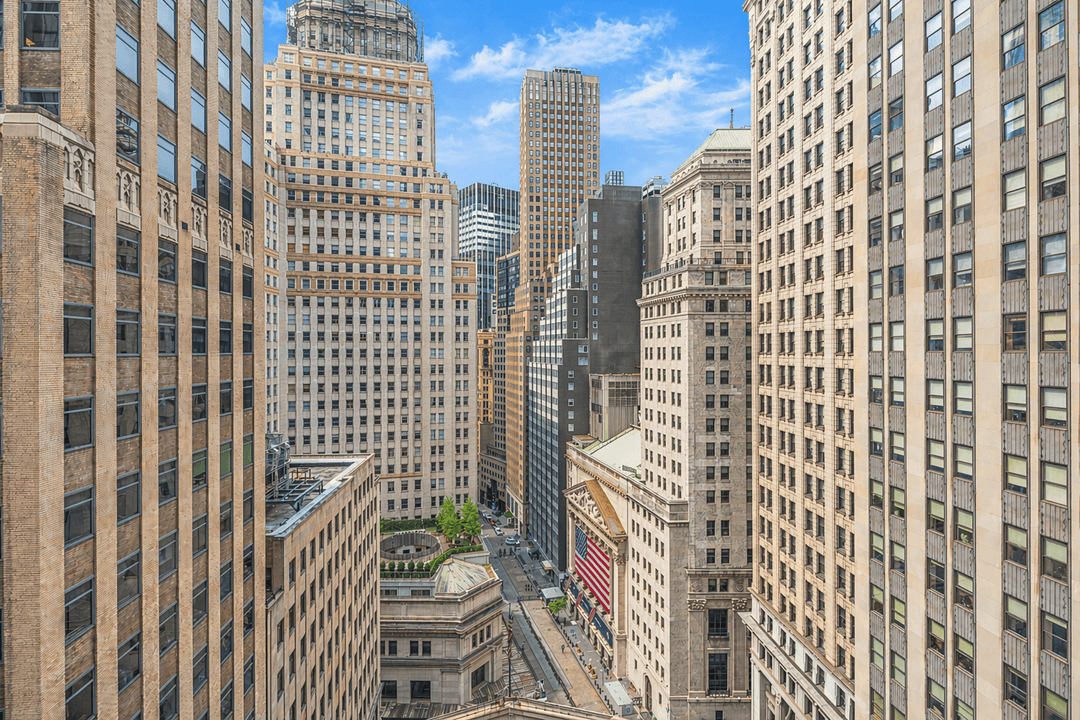 High floor, south facing loft with open, protected views of the New York Stock Exchange from two oversized windows real light and exposure that s hard to find in FiDi.