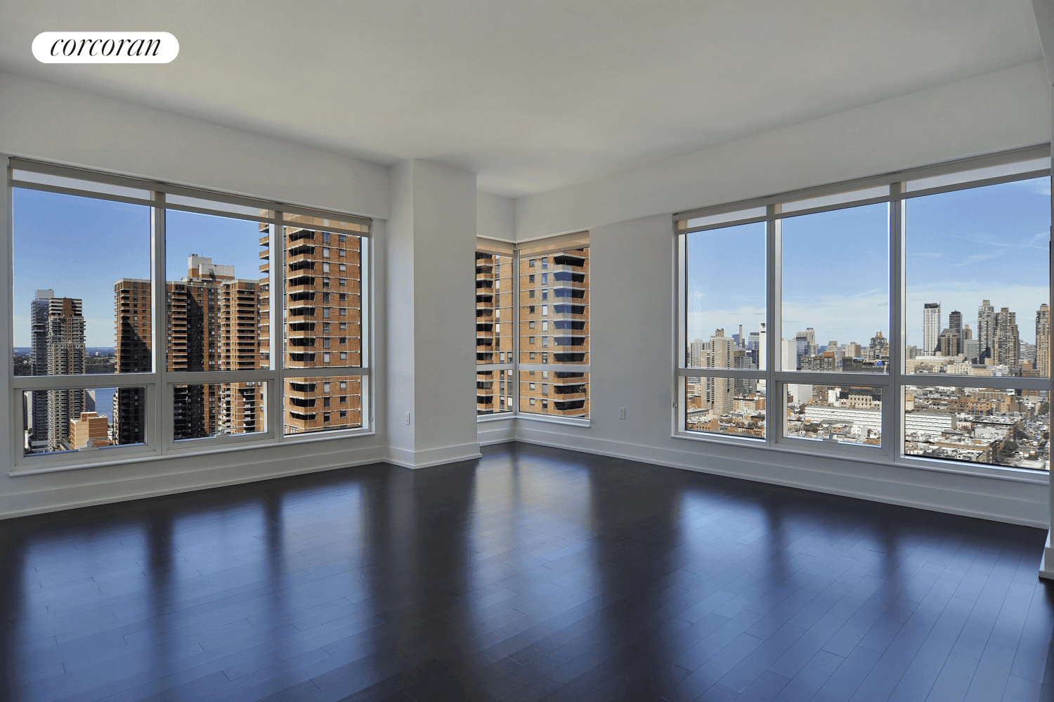 Perched high in the sky, this sunny corner 2br 2 bath has soaring views of NYC and the Hudson River with double exposure to the west and north.