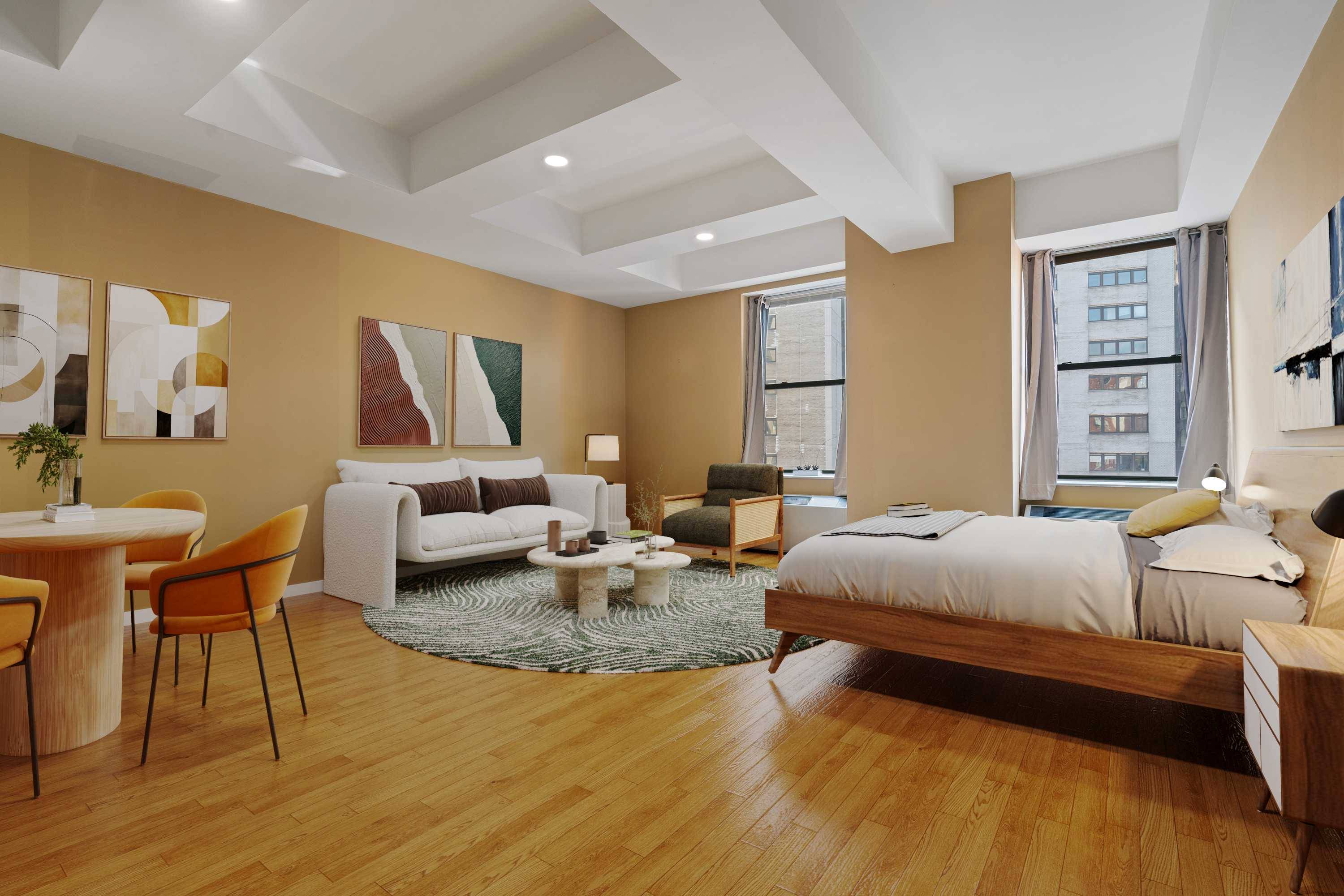 This rare 708 square foot loft delivers striking northwest exposures framing iconic views of the Woolworth Building and New York by Gehry offering a dreamlike escape high above the city.