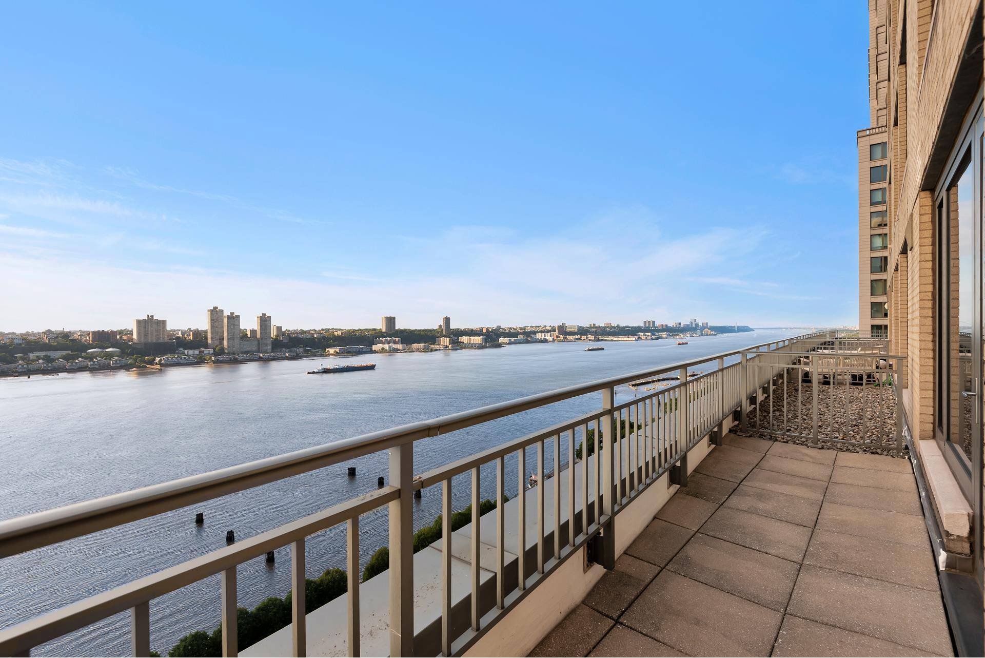 Welcome to this unique southwest facing, two bedroom apartment with a private terrace offering stunning views of the Hudson River, downtown Manhattan, the George Washington Bridge, and New Jersey.