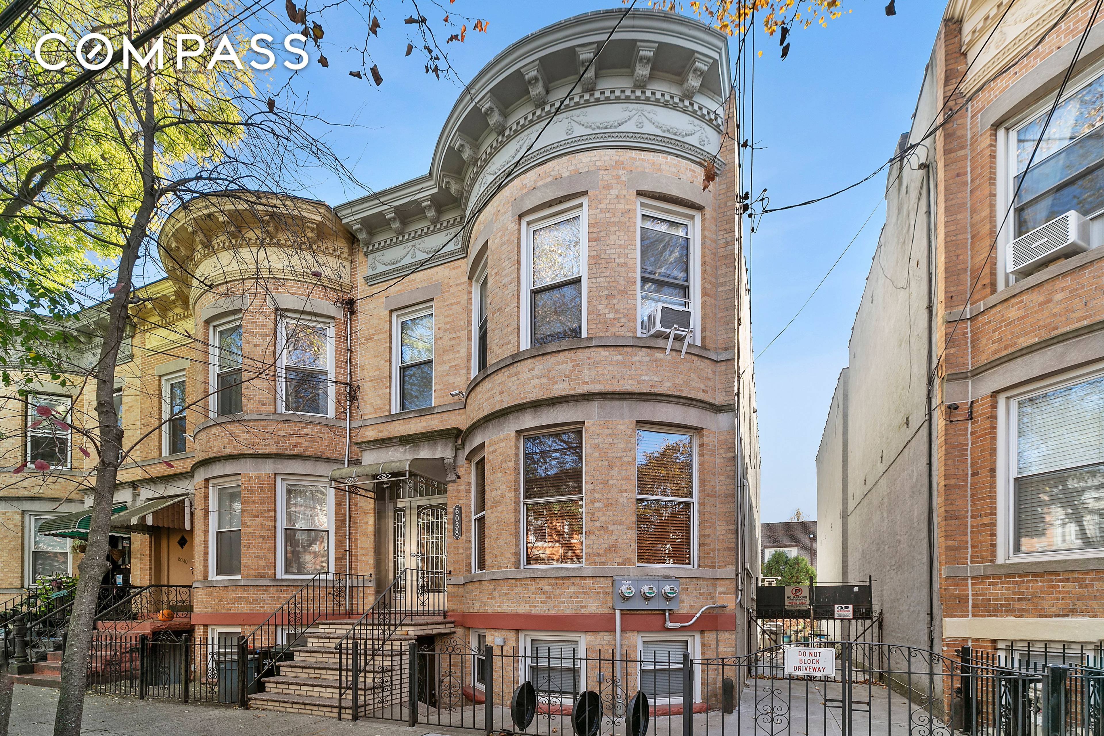 Ideally situated in the heart of Ridgewood, this stunning Renaissance Revival style 2 family bayfront brick row house seamlessly blends historic charm with modern convenience.