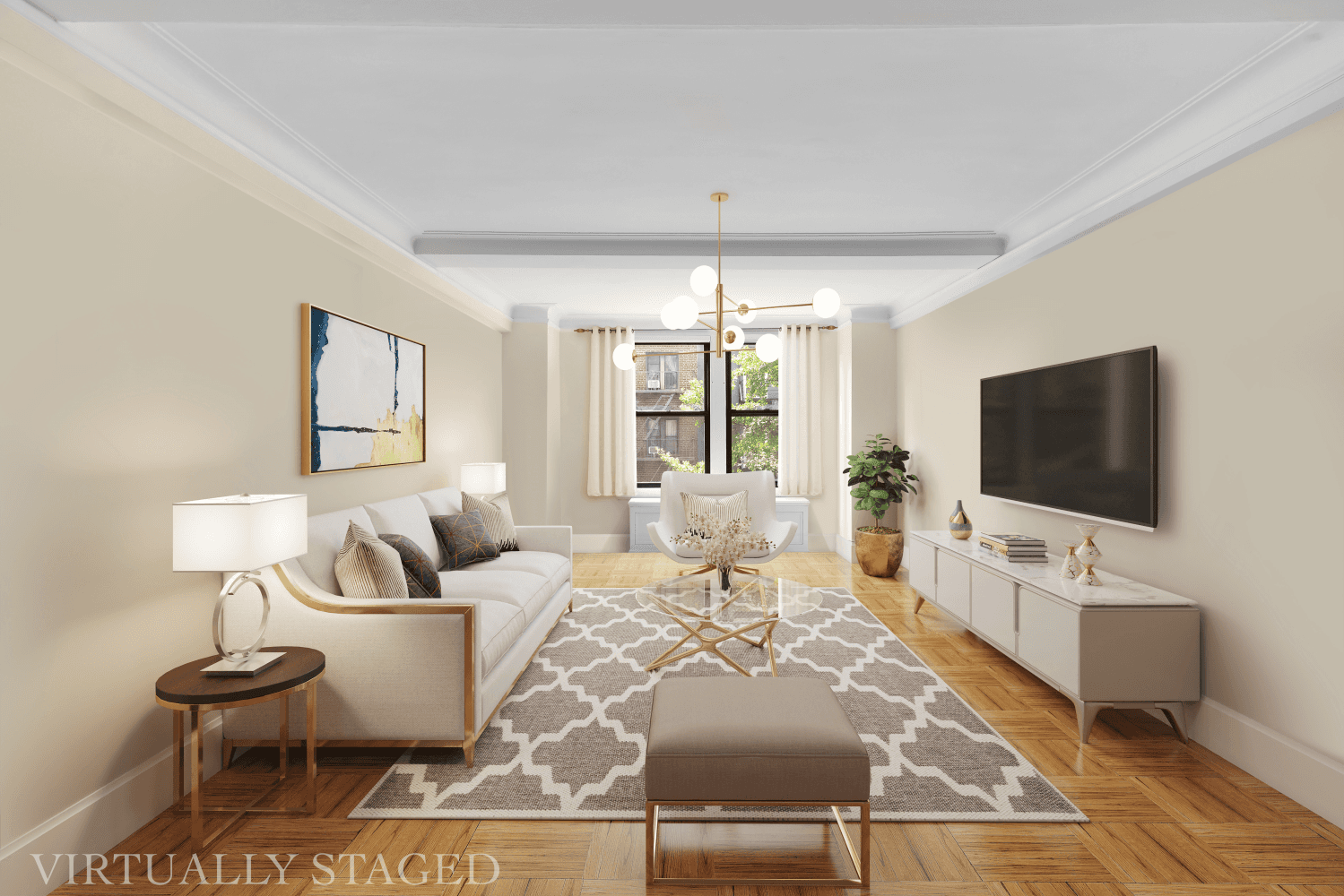 Step into the classic combination apartment through a gracious foyer, leading into an oversized living room with a beamed ceiling and hardwood floors, facing south.