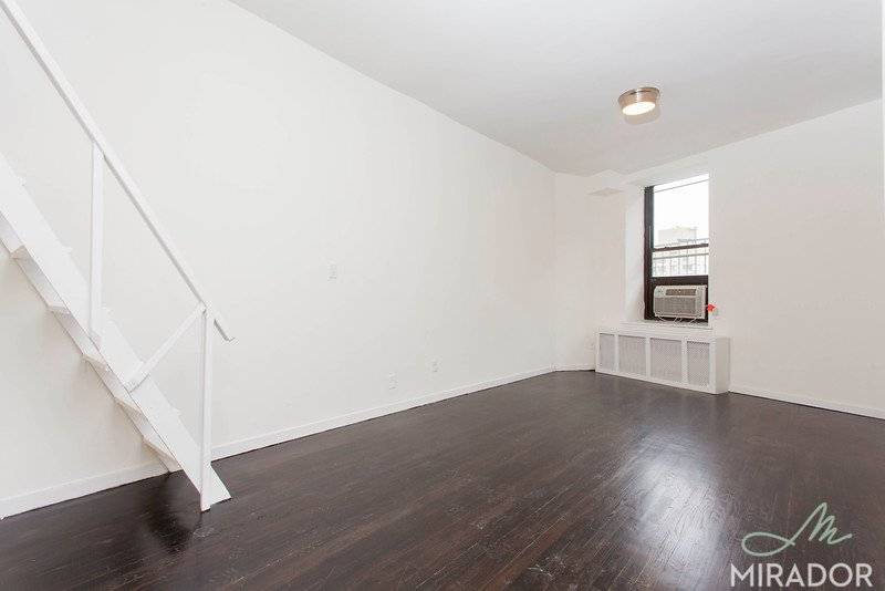 Gut renovated large one bedroom with a storage loft above living room has high ceilings and brand new hardwood floors.