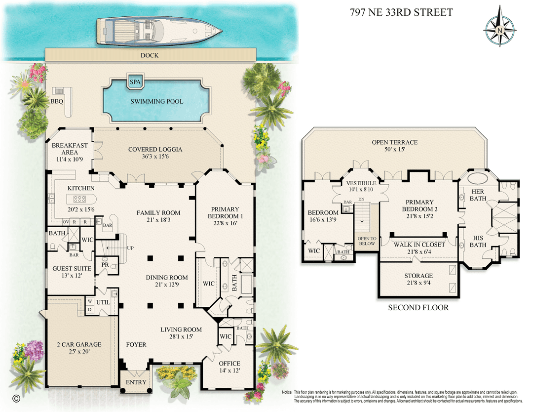 Set along 80 feet of deepwater frontage in Boca Raton's desirable Lake Rogers community, this five bedroom waterfront residence offers a private dock with easy ocean access, desirable for boaters.