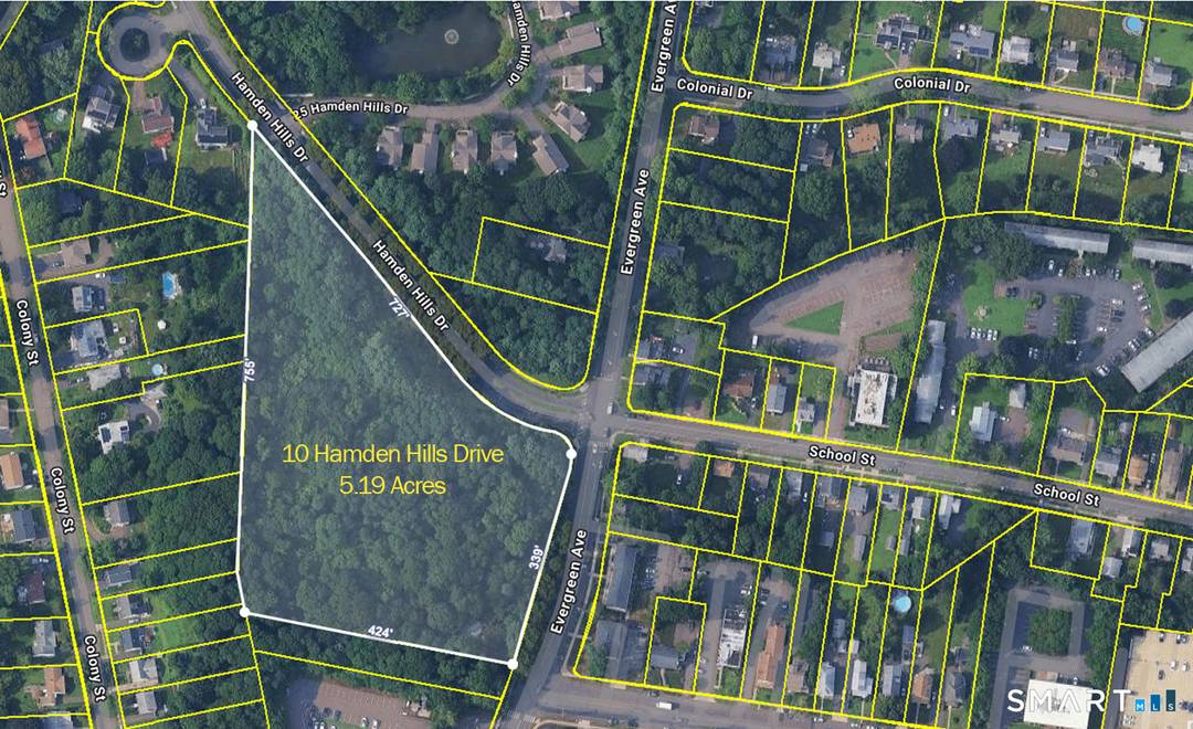 5. 19 acre parcel located at the corner of Hamden Hills Drive and Evergreen Avenue, situated within a split R4 and T5 zoning district.