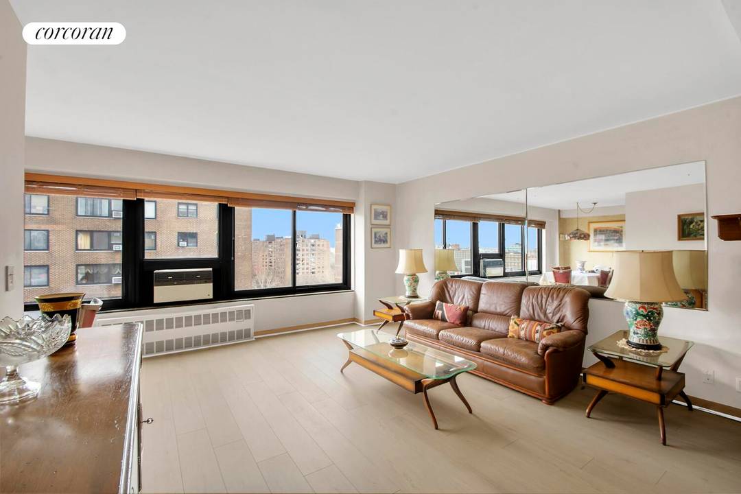 Perched on a high floor, and with new floors just installed, this bright 2 BR 1 BA residence offers expansive views of Manhattan and western Queens.