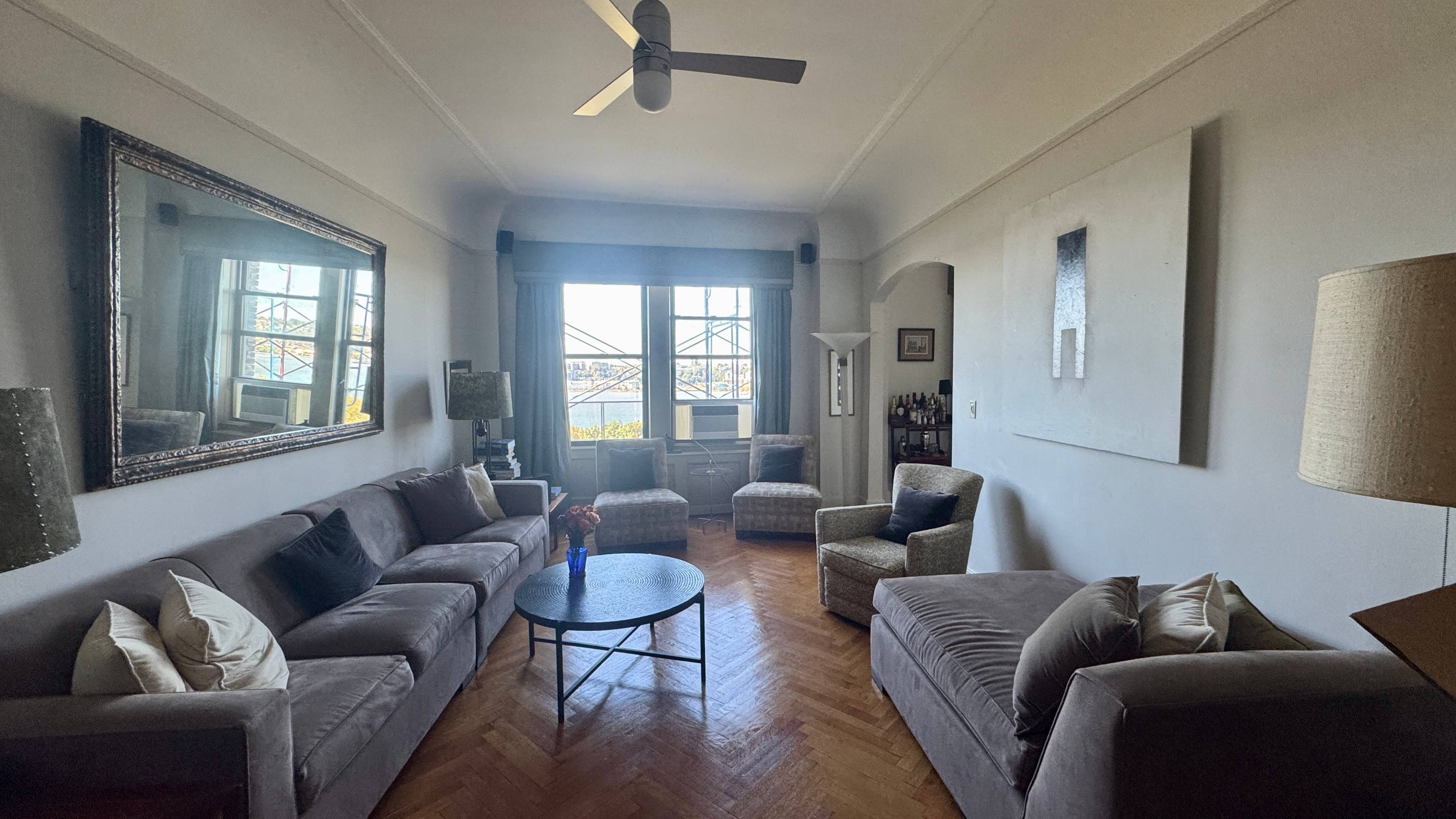 RARELY AVAILABLE 1400sf Furnished true 2 Bedroom with Hudson River Views W D Large primary suite with spacious home office guest room and tons of closet space.