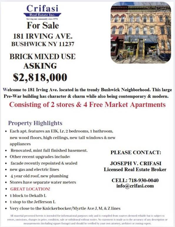 INVESTORS DREAM ! Mint Condition Brick Mixed Use 4 Family 2 Stores.