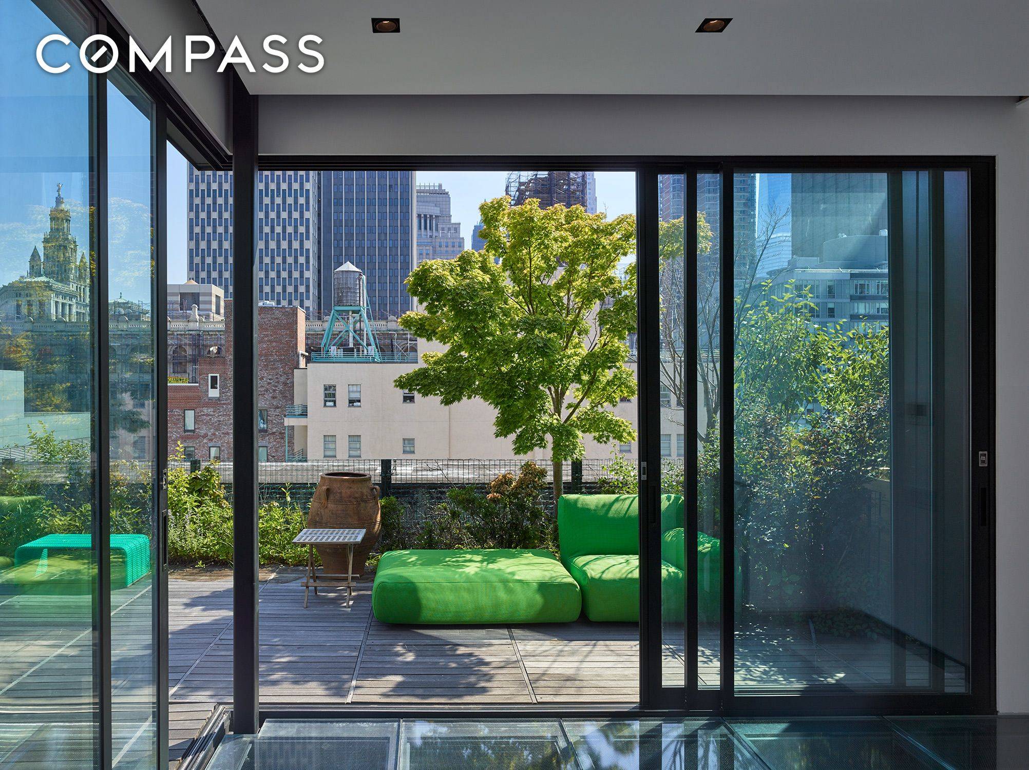 This spectacular and meticulously renovated Tribeca penthouse loft is a rare find, with open city views from every room, abundant light through huge windows, and a fabulous private roof terrace.