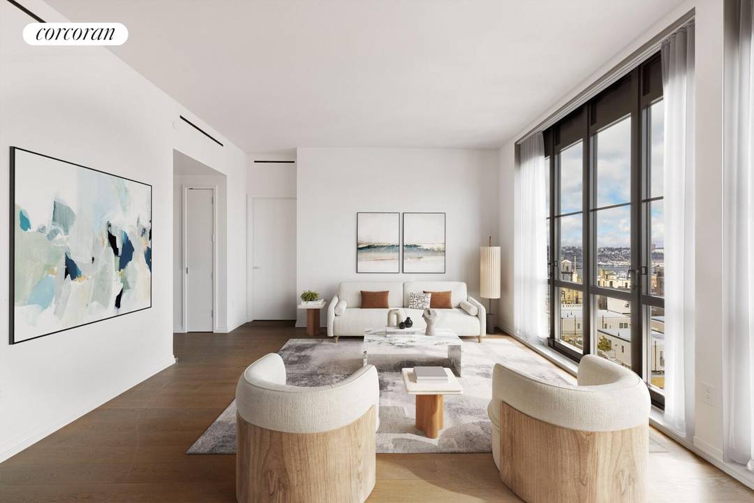 Residence 21B is a beautifully proportioned 2 bedroom, 2 bath home encompassing 1, 281 square feet, with bronze statement floor to ceiling casement windows and stunning open kitchen.