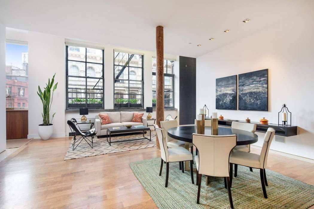 This sprawling full floor loft features 3 4 bedrooms, 3 bathrooms, and an enormous living dining space centered around a beautiful, open kitchen equipped with top of the line appliances.