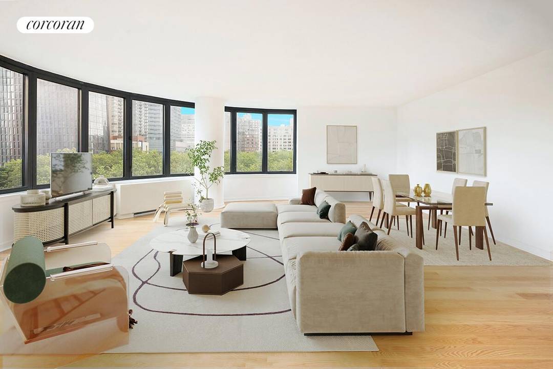 Grand three bedroom, three bathroom with semi circular living space highlighted by15 rounded bay windows framing the East River and Southern city views in a luxurious, amenity driven condominium.
