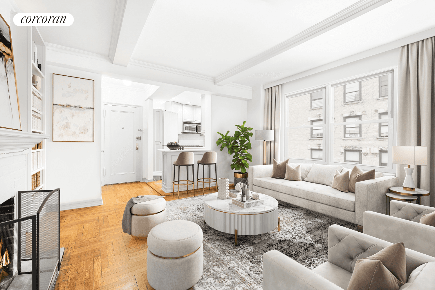 Welcome to this prewar one bedroom gem adjacent to Central Park with 9 foot original beamed ceilings, hardwood floors, built in book cases, and a working wood burning fireplace.