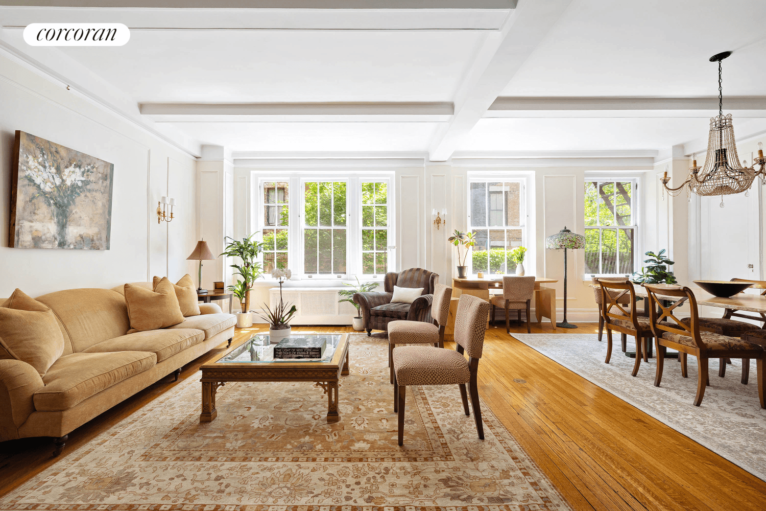 This sun splashed, garden facing three bedroom, two bathroom home wows with classic prewar proportions, designer updates, and a sprawling layout in a stately prewar co op just one block ...
