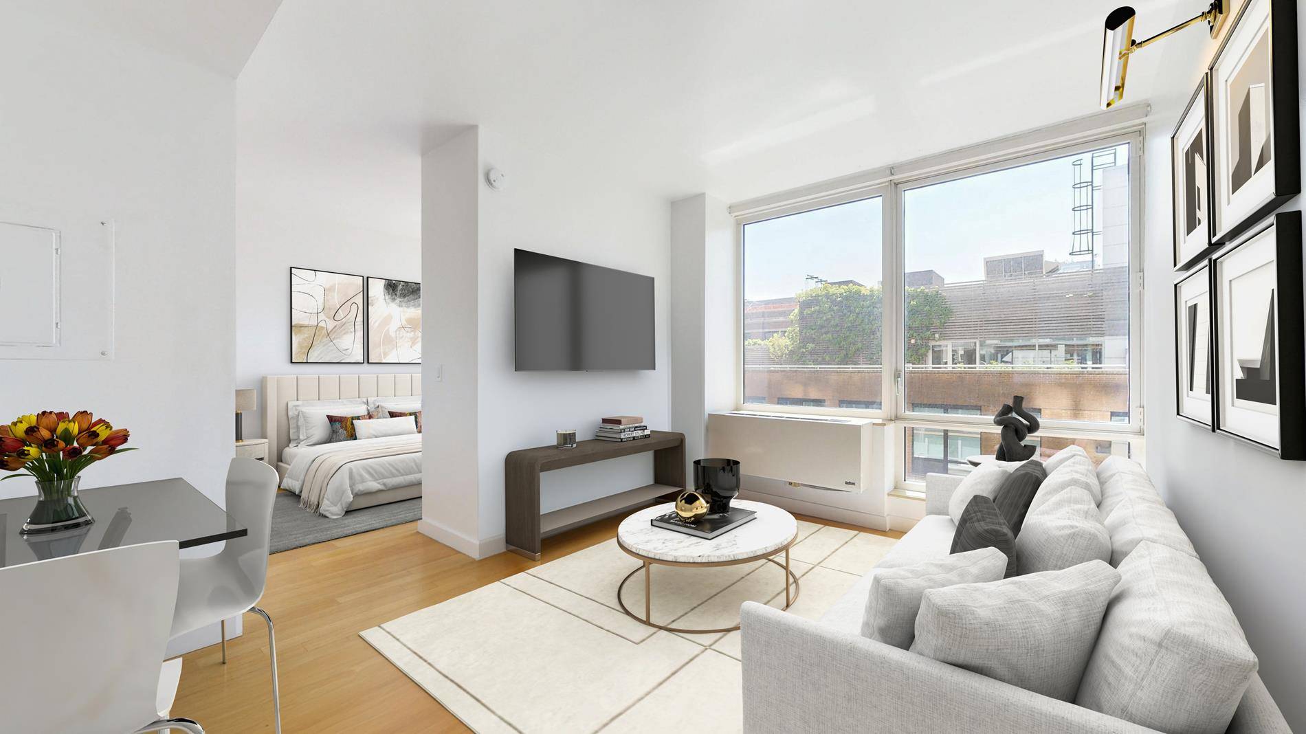 Step into this bright, move in ready, convertible 1 bedroom studio where contemporary elegance meets NYC convenience accompanied by an in unit washer and dryer !