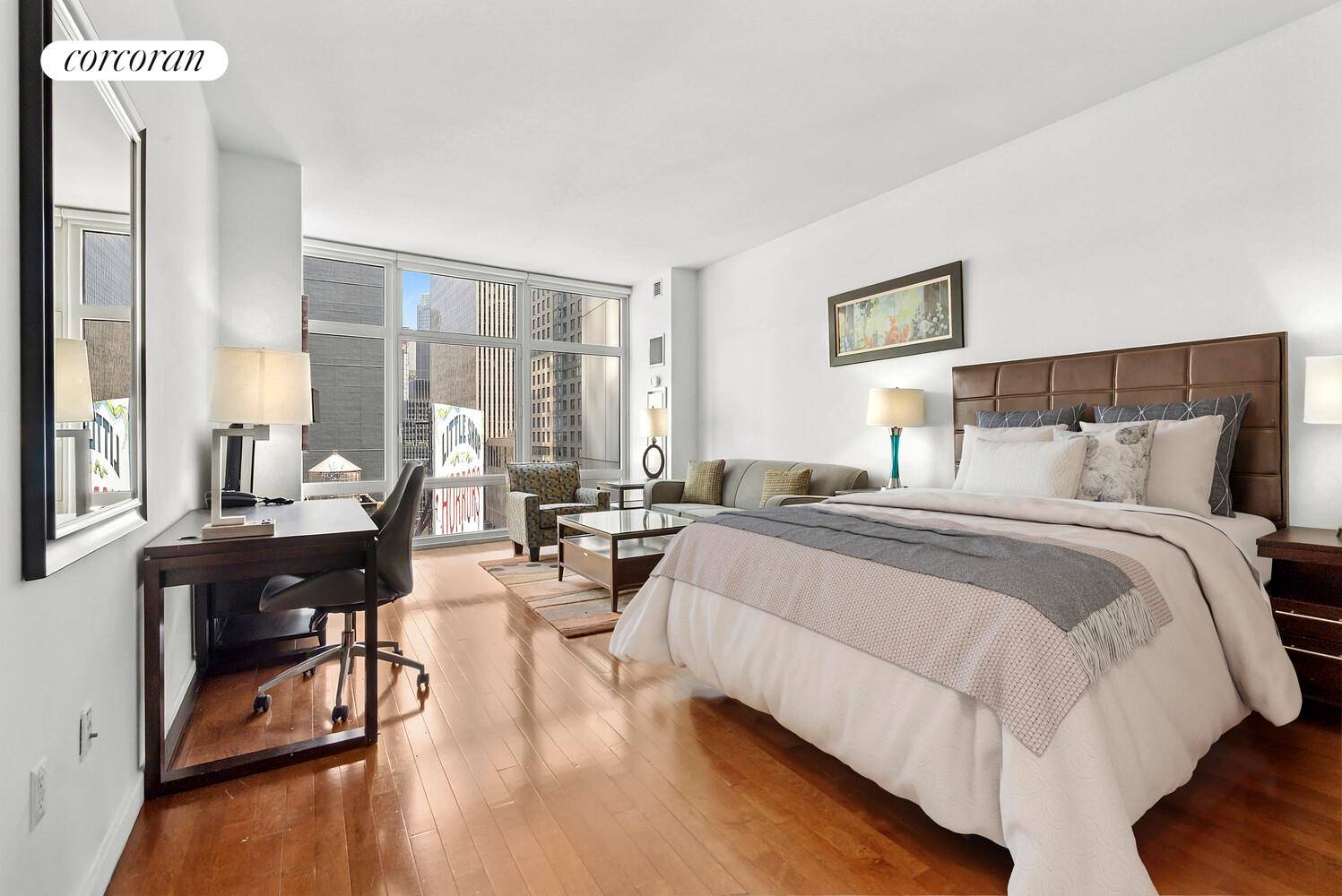 Welcome to Residence 19F at 1600 Broadway A Contemporary Sanctuary in the Heart of Midtown Manhattan Discover the perfect blend of style, comfort, and convenience in this beautifully designed 592 ...