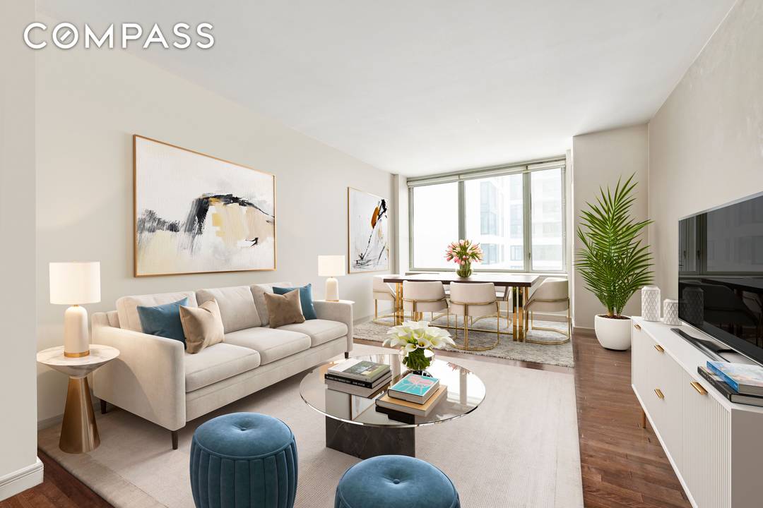 Coveted and rarely available, this two bedroom, two bathroom apartment offers incredible, panoramic city views and boundless light in the heart of bustling Murray Hill.