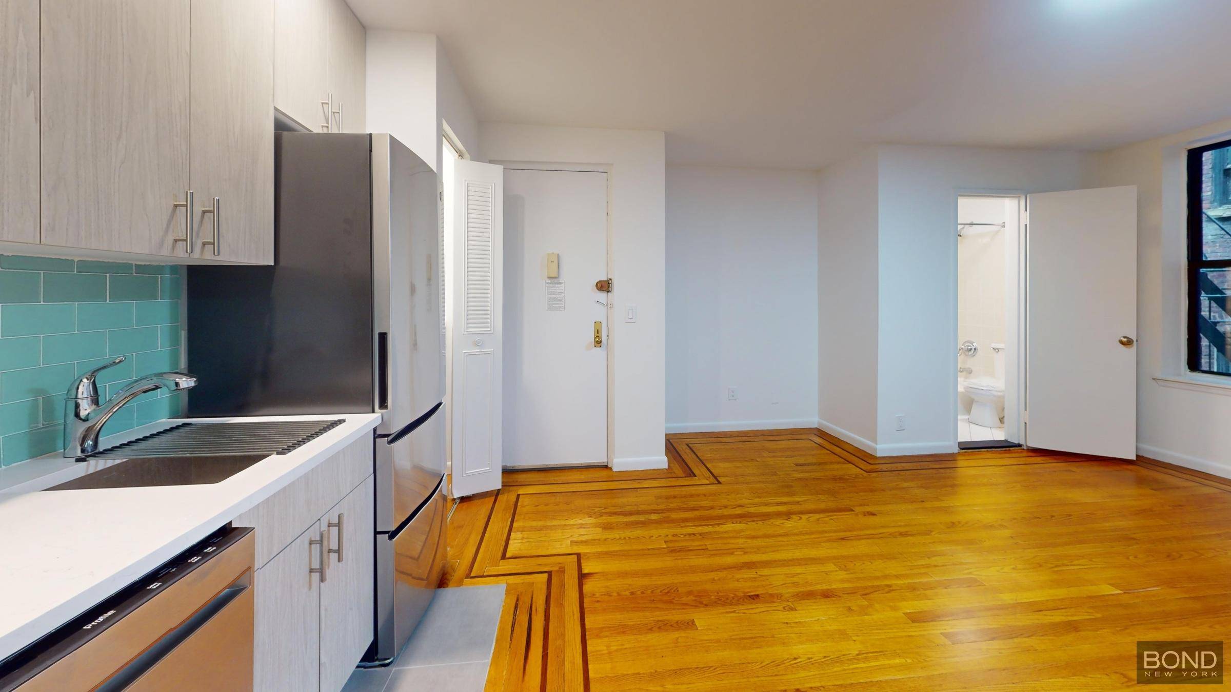 Renovated studio apartment features spacious living space, brand new kitchen with stainless steel appliances and a dishwasher, good closet space, hardwood floor and high ceilings.