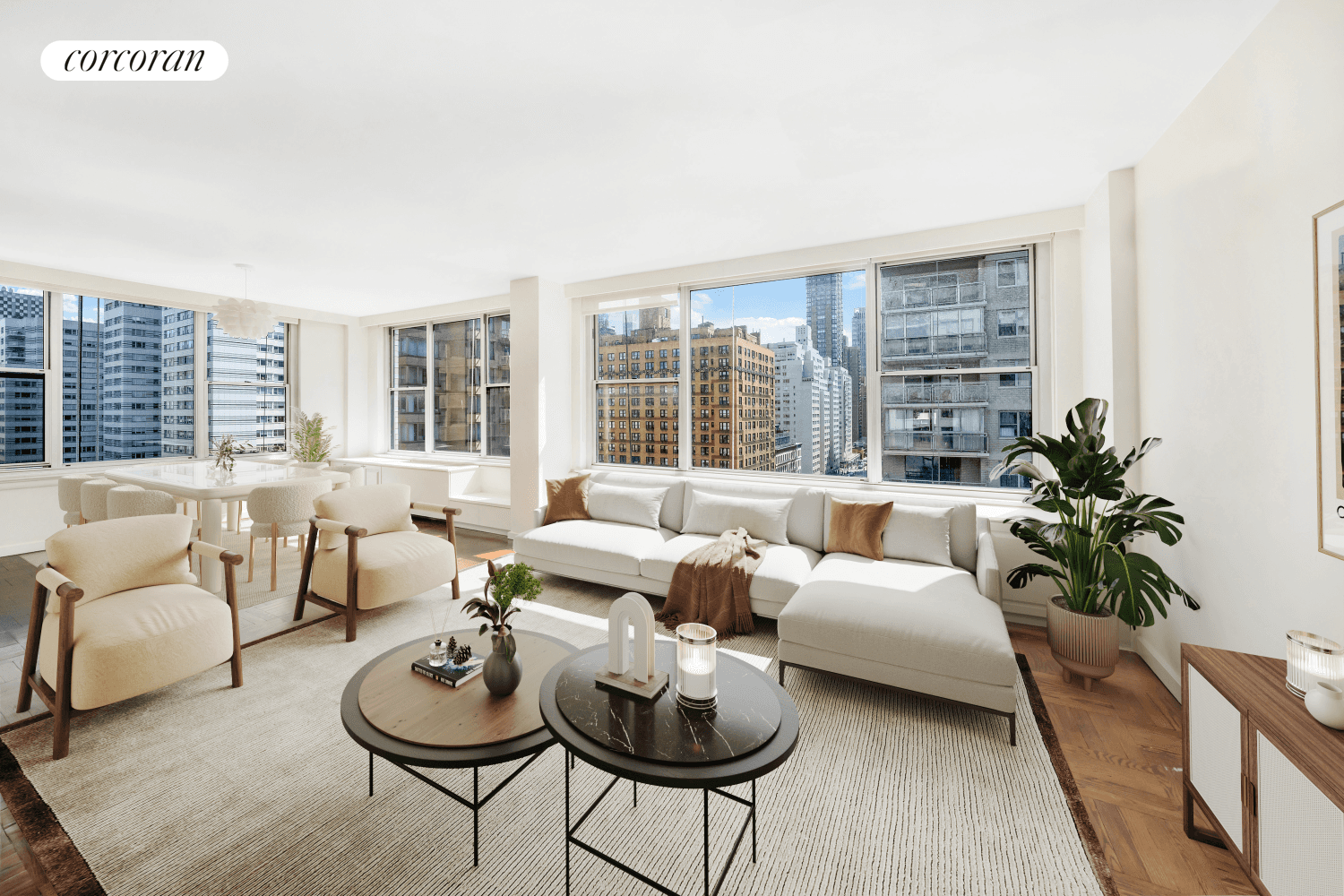 Apartment 11C is a beautifully renovated corner residence featuring two full bedrooms plus a versatile bonus room, and three bathrooms.