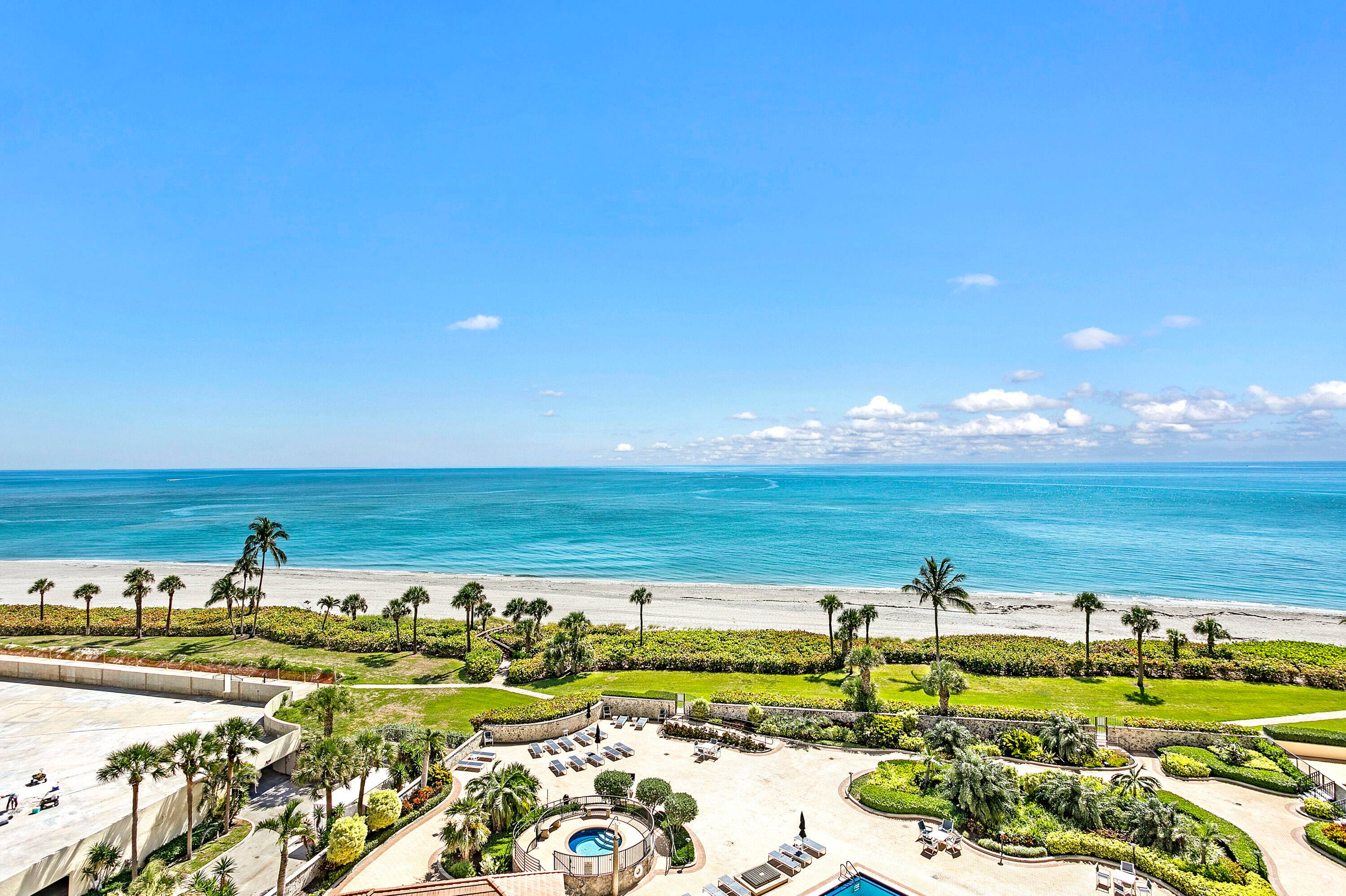Directly on the beach in Jupiter with a stunning 9th floor, due east ocean view.