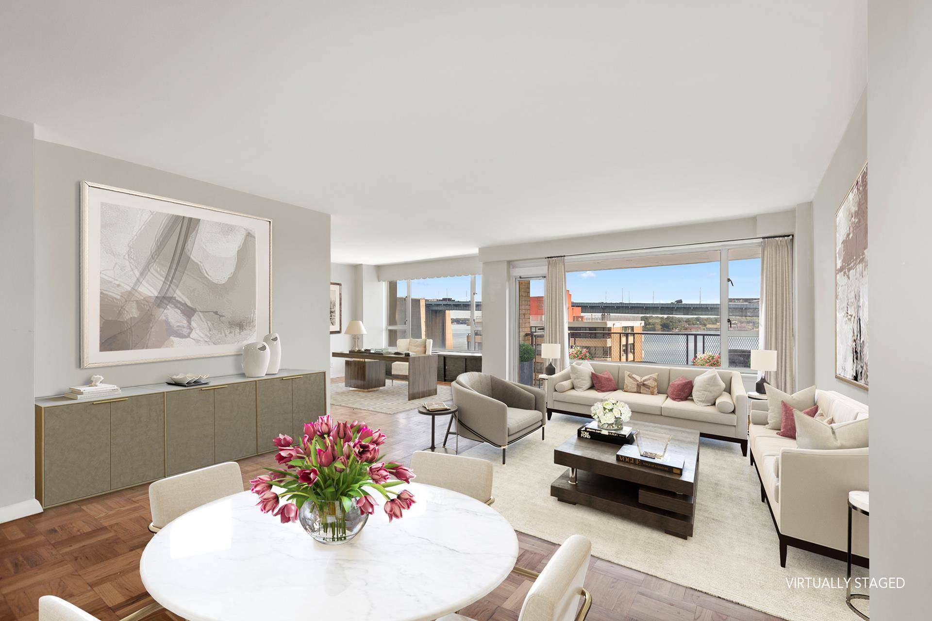 Beautiful light filled oversized one bedroom with water and bridge views from every room.