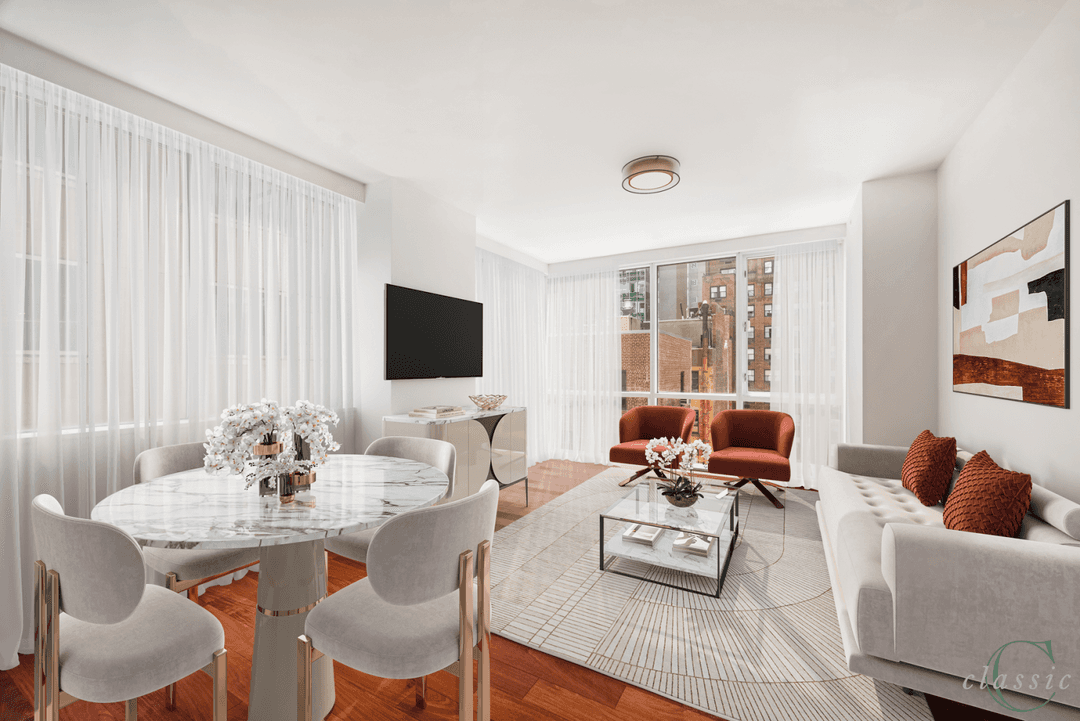 12A is a corner residence with sunny South and East City views from the floor to ceiling windows.