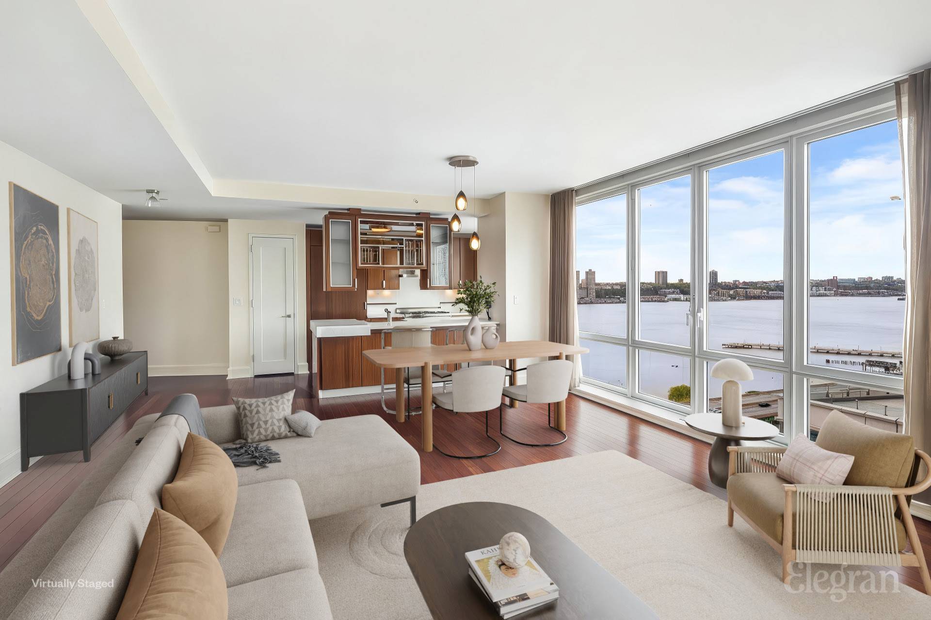 Spacious and pristine corner two bedroom condo with sweeping river views is now available at The Aldyn in Lincoln Square !