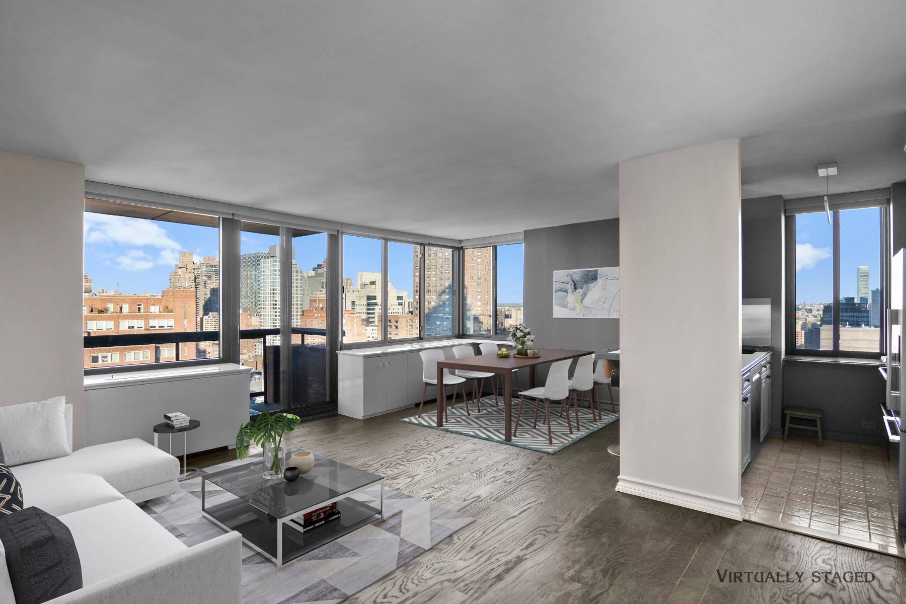 This bright and airy high floor 2 bedroom and 2 bath apartment is very welcoming with plenty to make yourself and your guests to feel right at home !