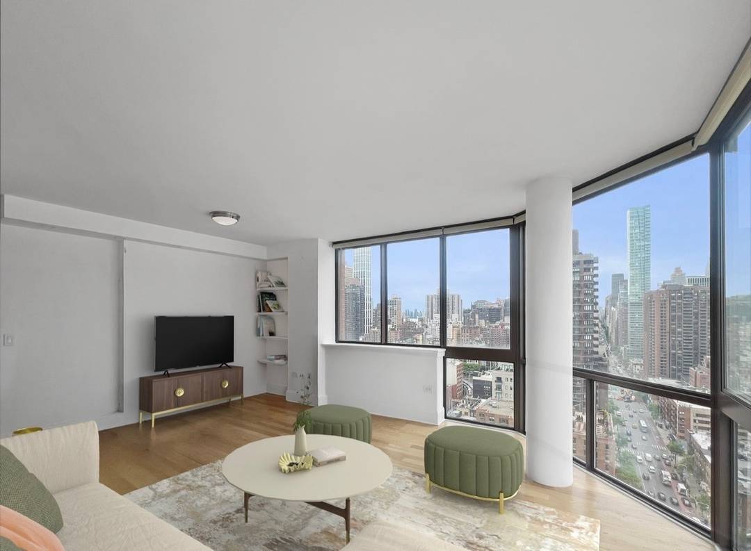 Experience breathtaking views from this stunning high floor one bedroom, one bathroom corner residence, illuminated by abundant natural light from its South West and East exposures.