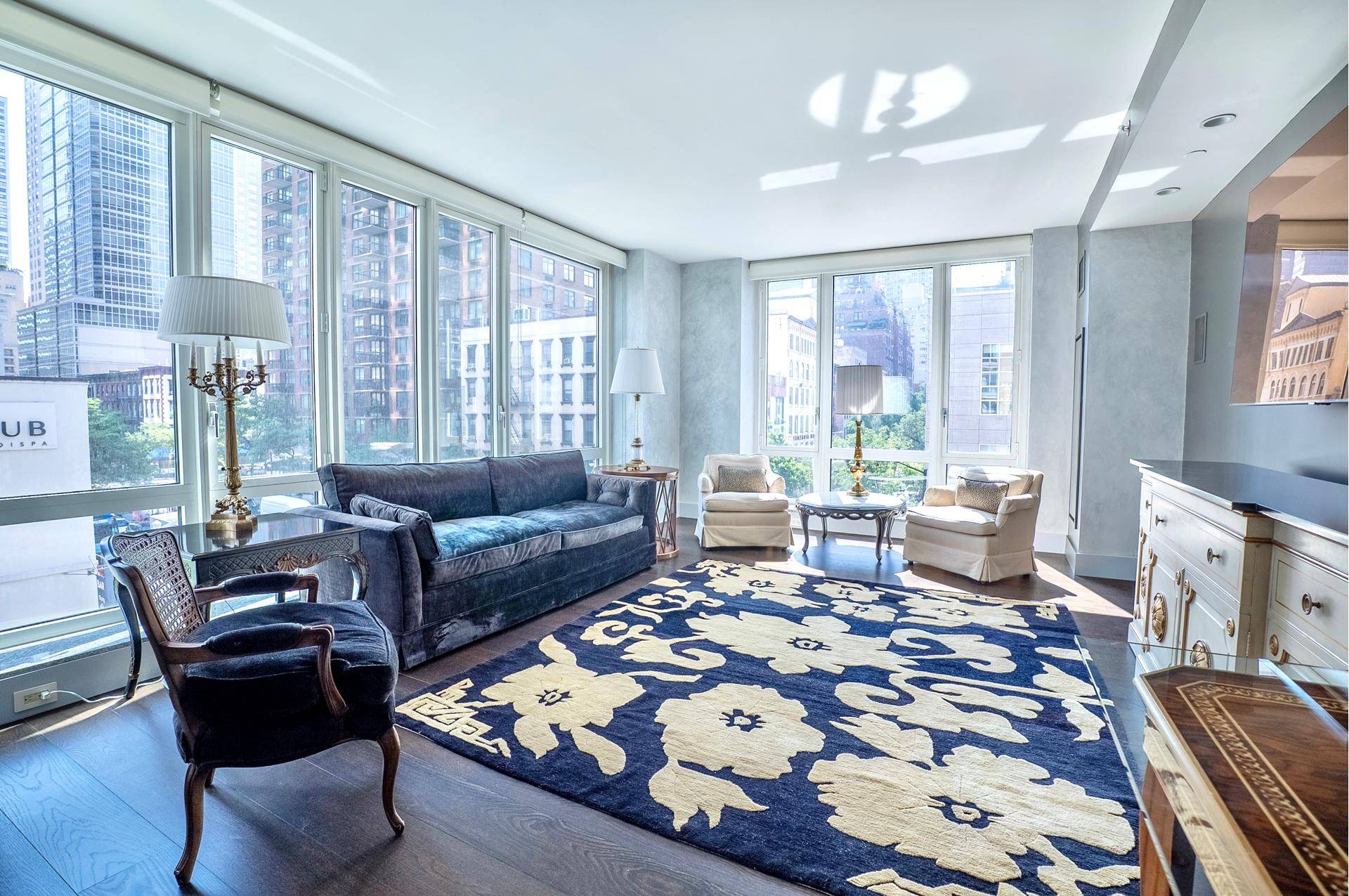 Situated on the coveted sun drenched northeast corner of 250 East 53rd Street, this superbly designed and spacious two bedroom, two and a half bathroom home has it all.