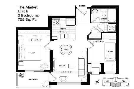 South Facing 705 Sq. Ft. 2 Bdrm With Balcony.