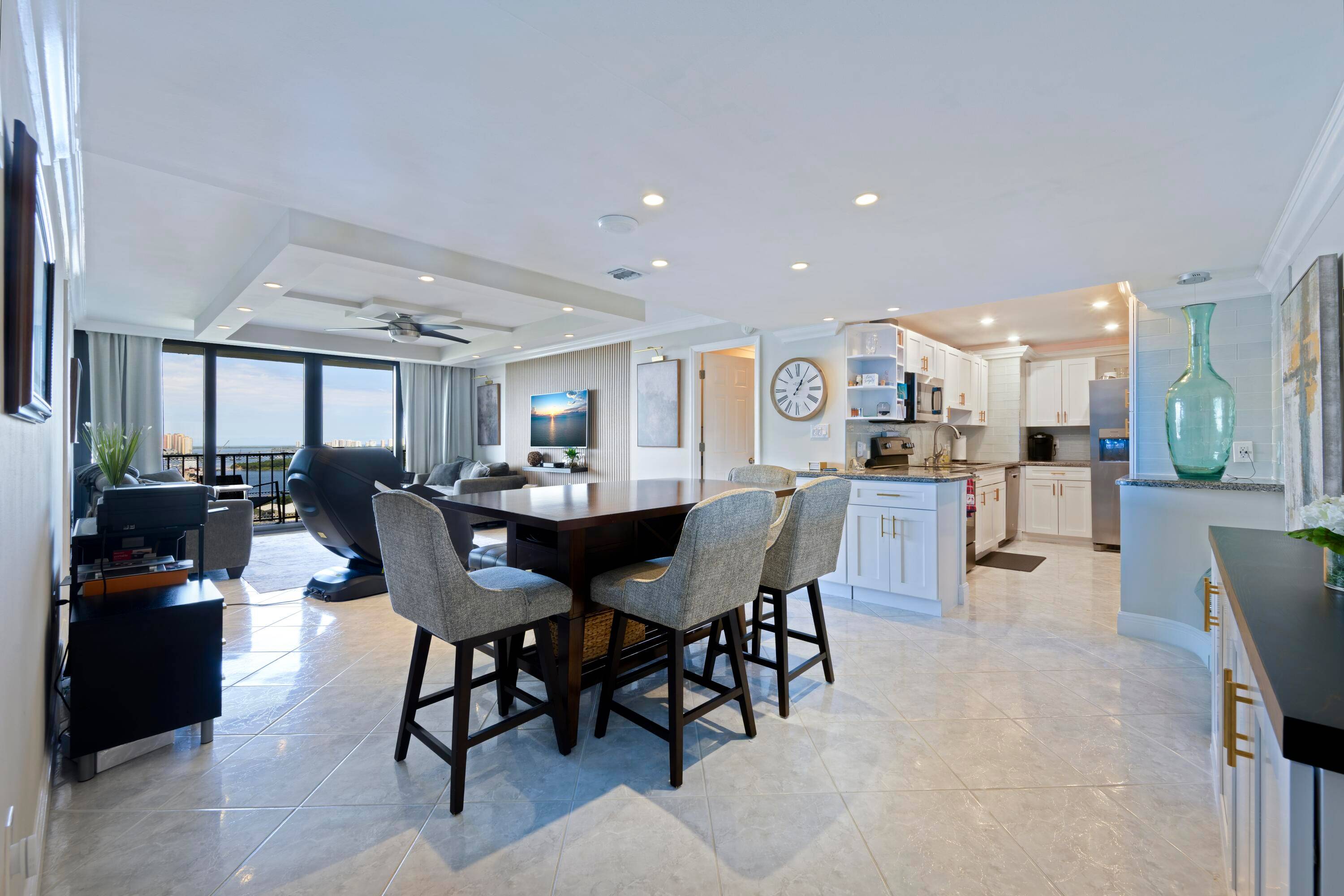 Spectacular water views and a private beach await you from this beautifully upgraded, furnished 1 bedroom, 2 bath condo at Palm Beach House.