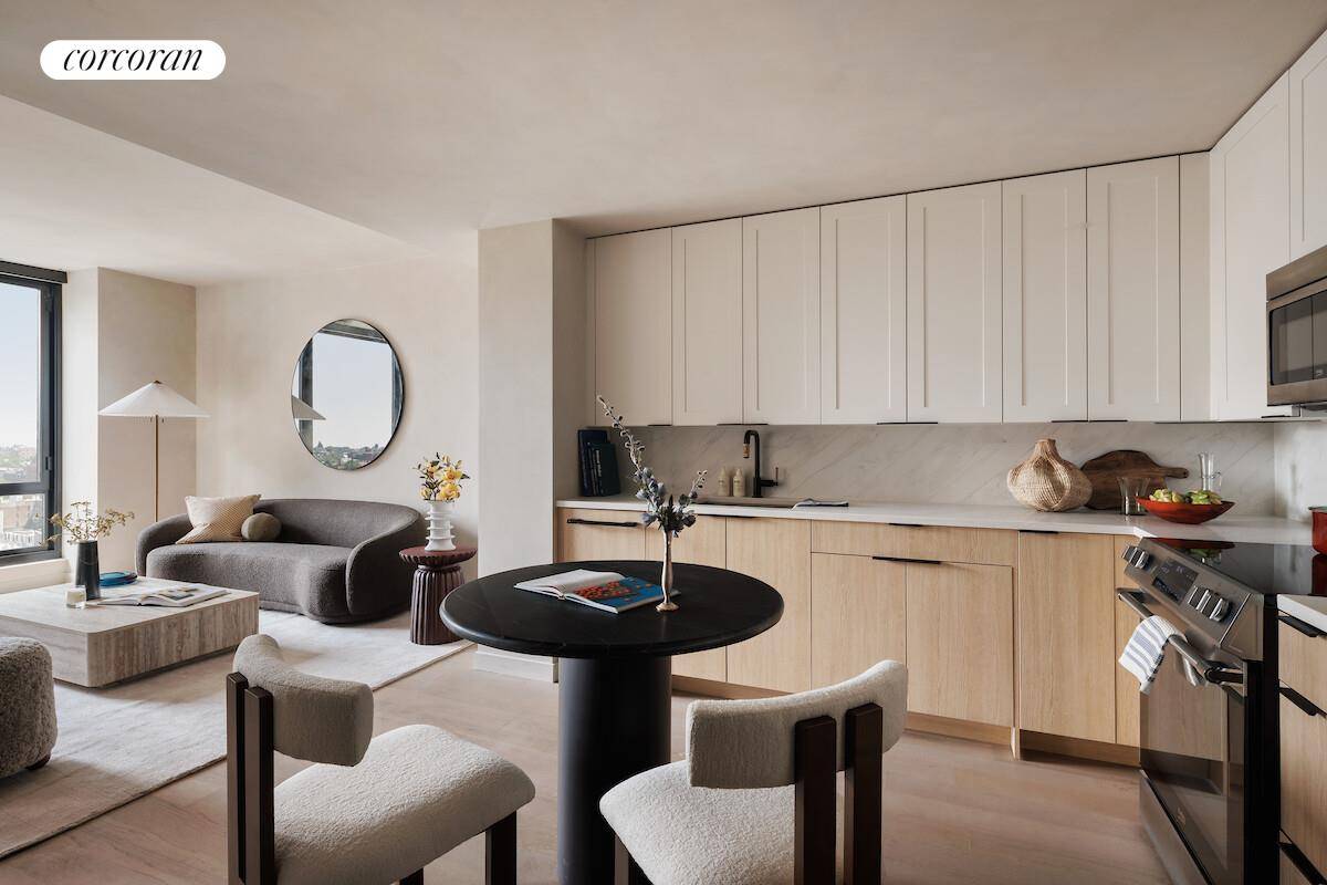 Western Facing Designer one bedroom with Lower Manhattan, Downtown Brooklyn and NY Harbor Views and a private balcony.