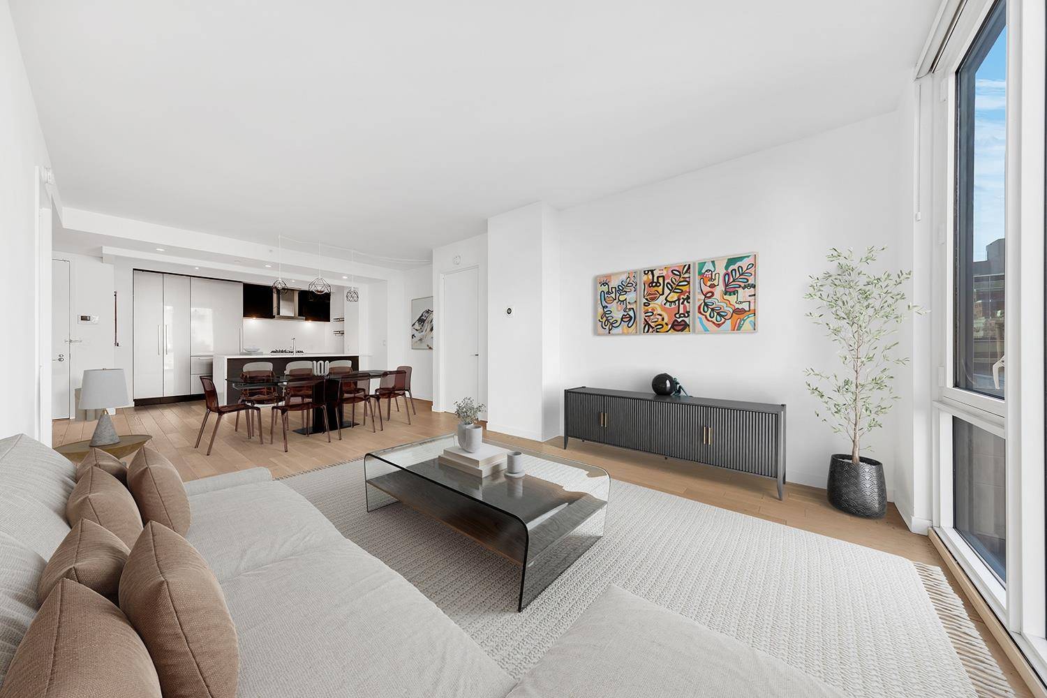 This gorgeous 1, 215 square foot 2 bedroom, 2 full bathroom contemporary home with white oak floors and floor to ceiling windows is flooded with natural sunlight throughout the day.