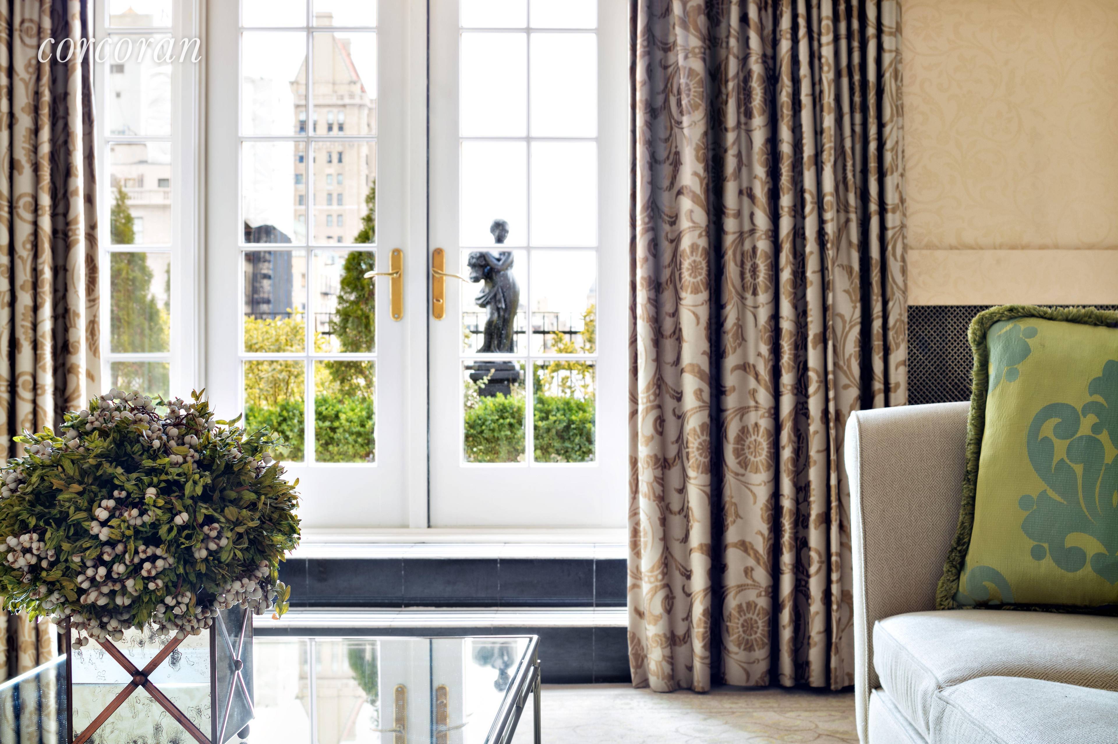 Overlooking Central Park and the Upper East Side this two bedroom residence is a rare and chic oasis on Fifth Avenue, with a private garden and terrace.