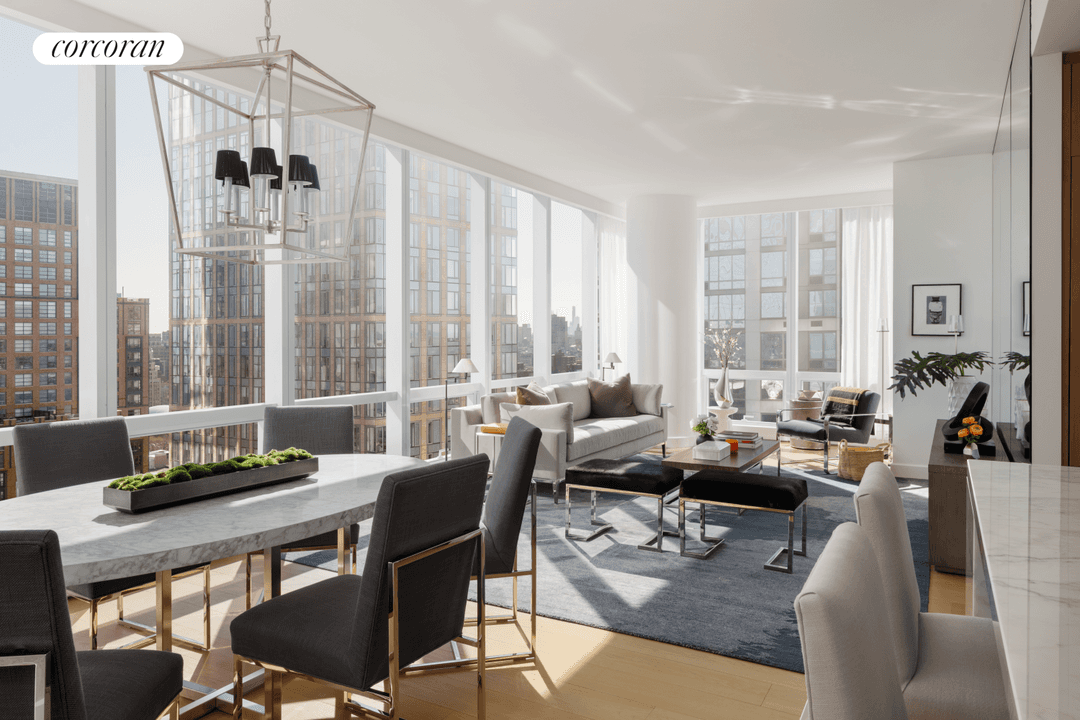 PRIME SOUTHEAST CORNER two bedroom home featuring an oversized living dining room with 11 floor to ceiling windows and magical views over the new Public Square and Gardens, New York's ...