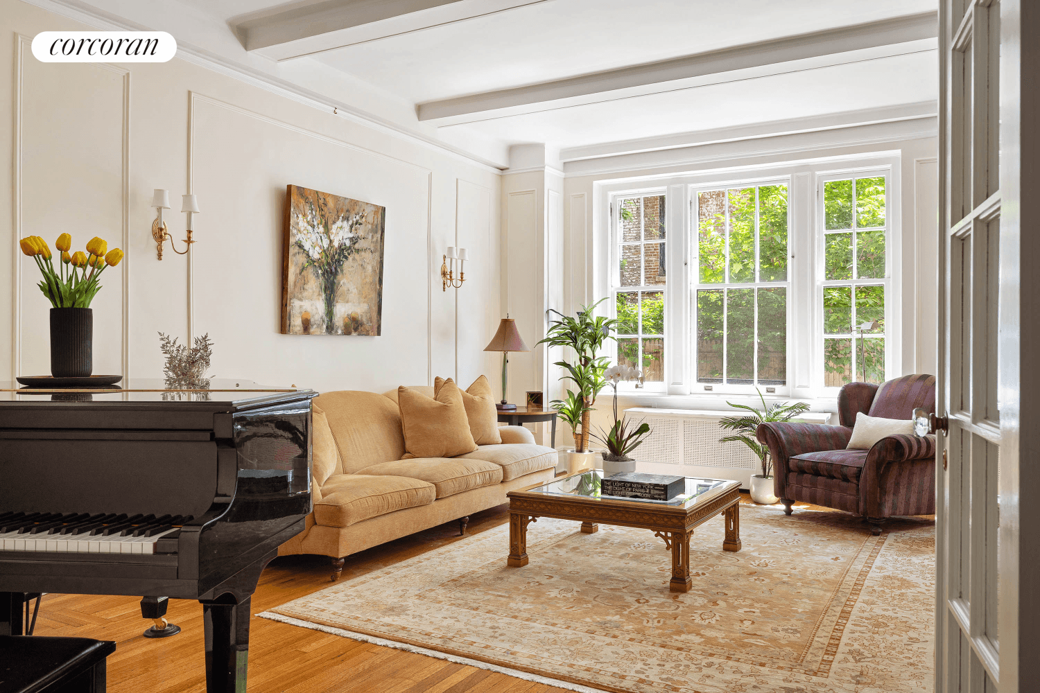 This sun splashed, garden facing three bedroom, two bathroom home wows with classic prewar proportions, designer updates, and a sprawling layout in a stately prewar co op just one block ...