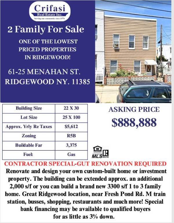 This 2 Family property is one of the lowest priced properties available in Ridgewoodperfect for contractors or homeowners ready to create their dream space.