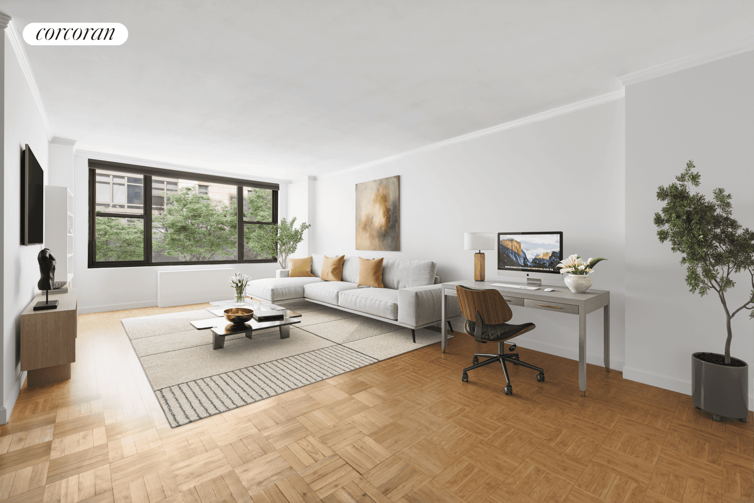 Unit 3D, situated on the 3rd floor, is a spacious 1050 sqft one bedroom apartment with a tree lined view.