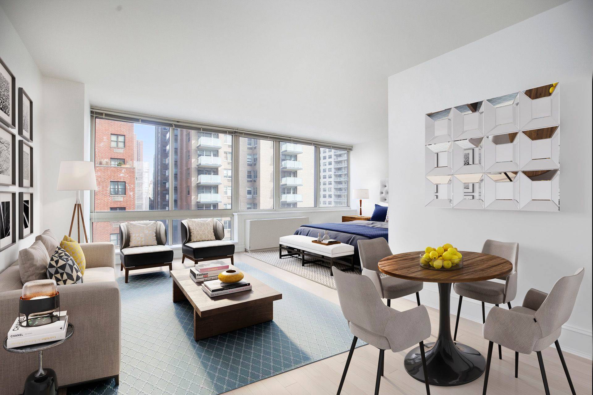 Spacious and bright alcove studio with lots of space including a separate sleeping, living, and dining home office area.
