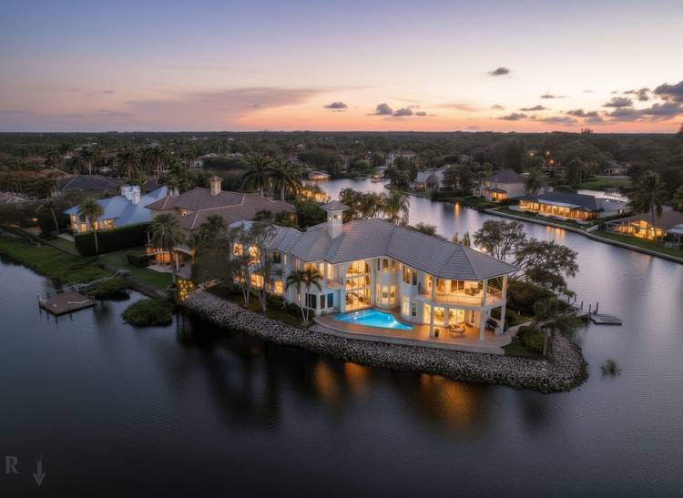 One of the most extraordinary waterfront opportunities in Jupiter, this private point lot estate is nestled at the end of an exclusive peninsula within the gated Islands of Jupiter.
